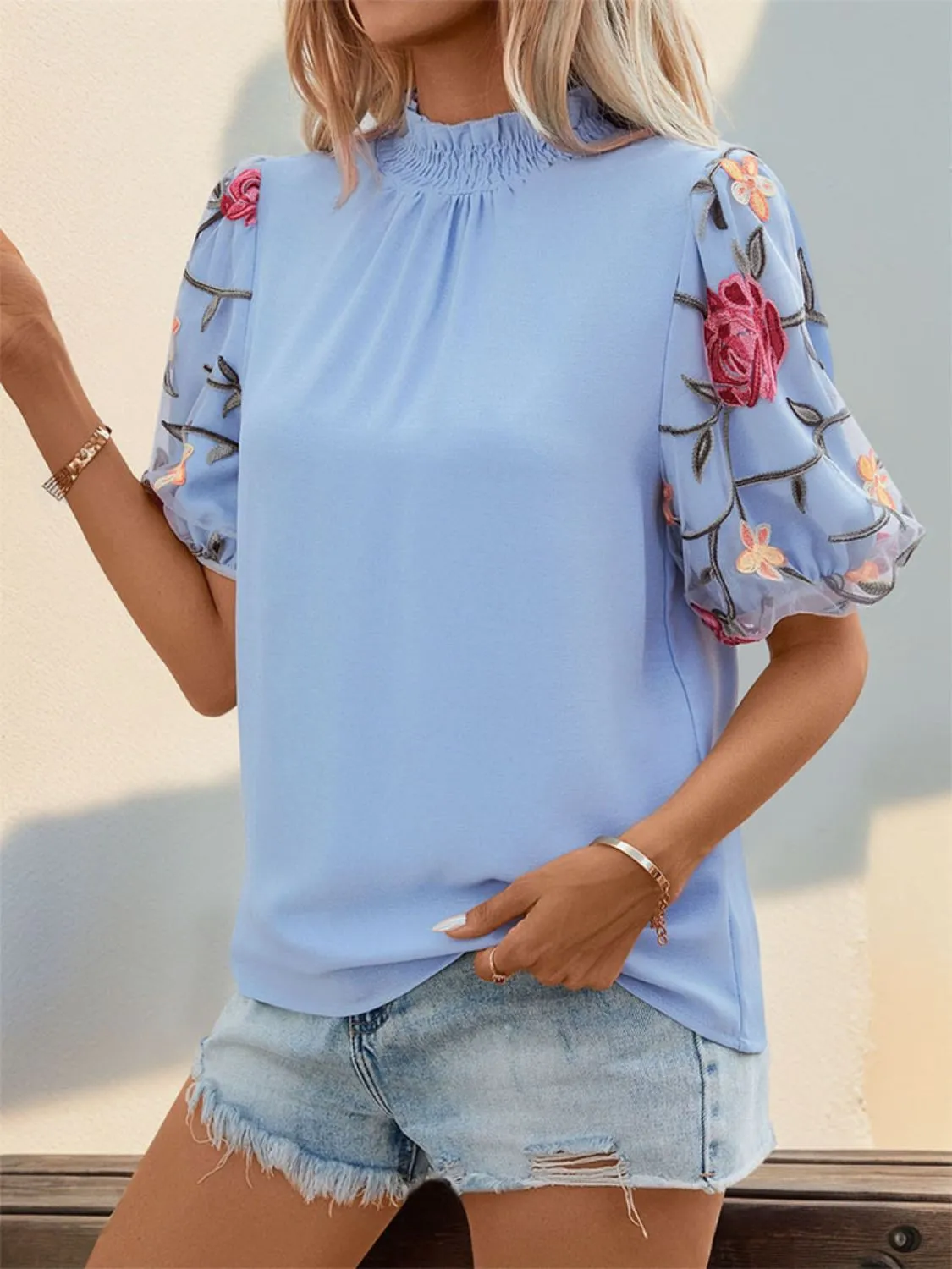 Embroidered Mock Neck Puff Sleeve Blouse sold by Charming Charlie product image thumbnail 5
