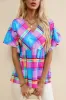 Plaid V-Neck Short Sleeve Blouse sold by Charming Charlie