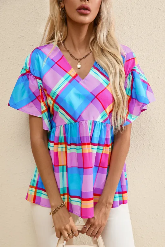 Plaid V-Neck Short Sleeve Blouse sold by Charming Charlie