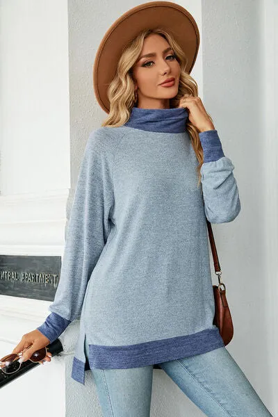Slit Mock Neck Long Sleeve T-Shirt sold by Charming Charlie
