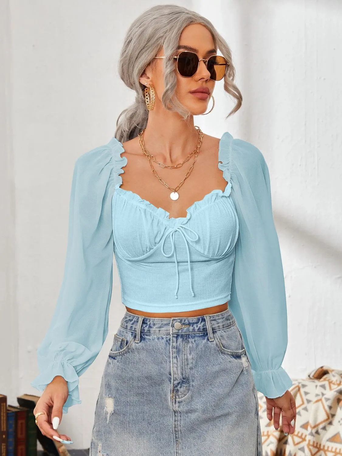 Mesh Sweetheart Neck Flounce Sleeve Top sold by Charming Charlie product image thumbnail 5