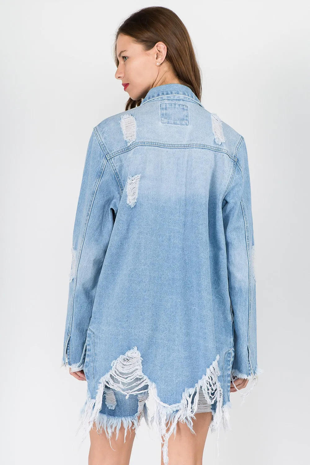 American Bazi Distressed Frayed Hem Denim Jacket sold by Charming Charlie product image thumbnail 2
