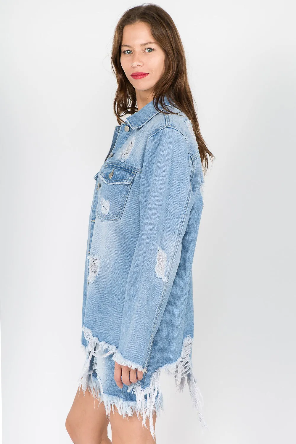 American Bazi Distressed Frayed Hem Denim Jacket sold by Charming Charlie product image thumbnail 3