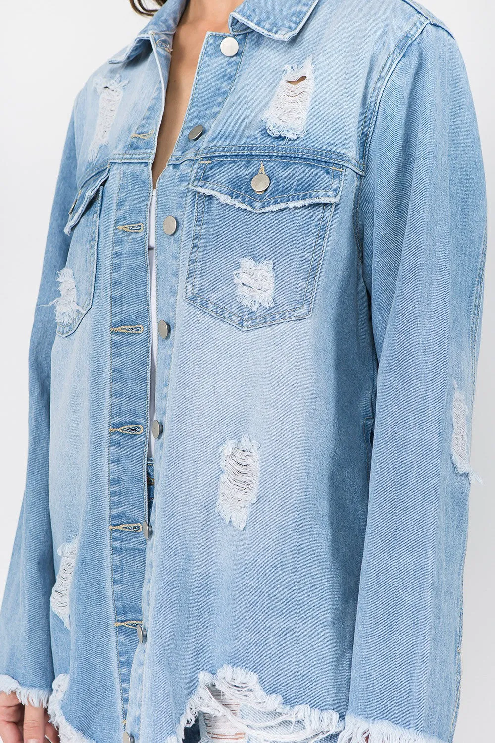 American Bazi Distressed Frayed Hem Denim Jacket sold by Charming Charlie product image thumbnail 4