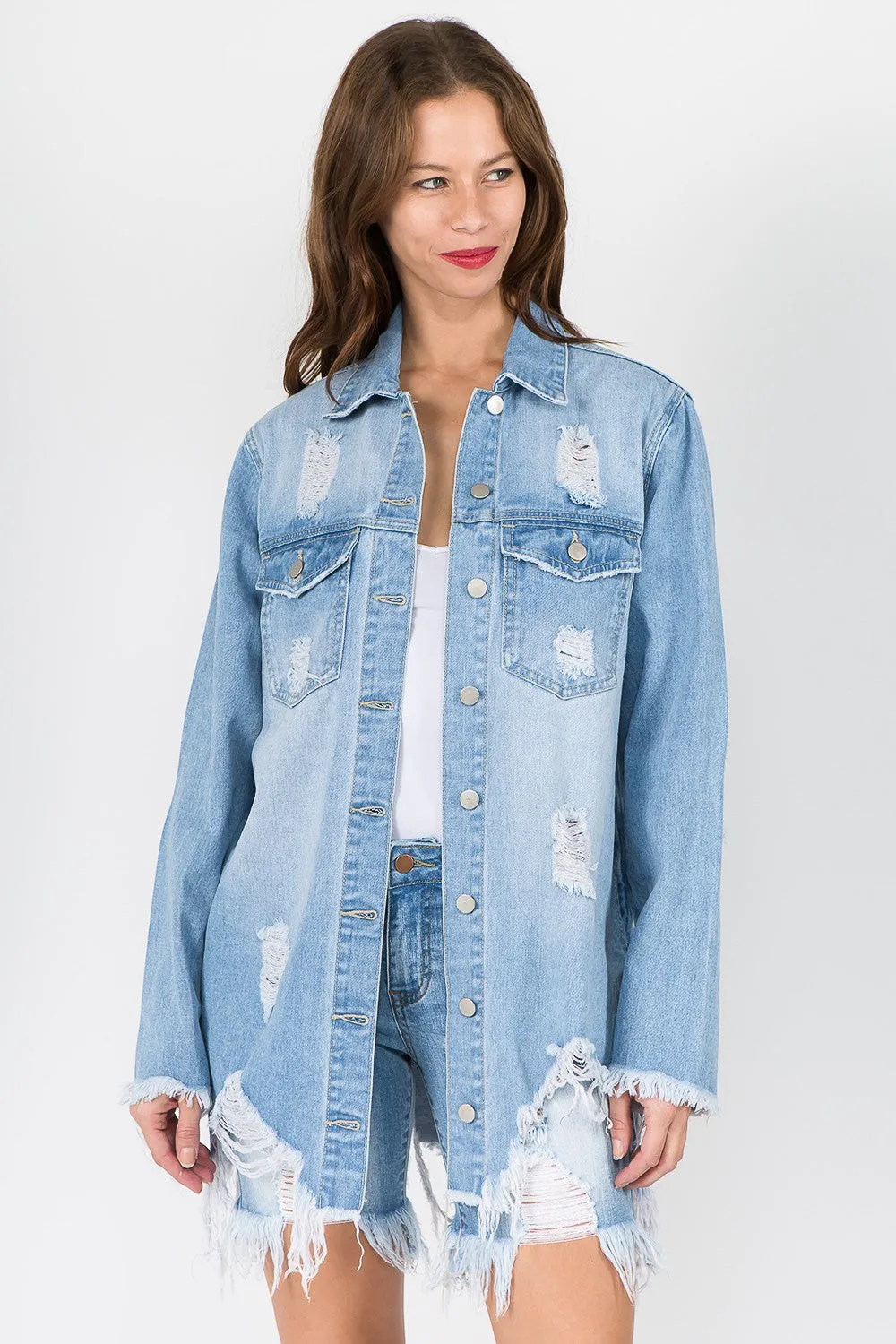 American Bazi Distressed Frayed Hem Denim Jacket sold by Charming Charlie