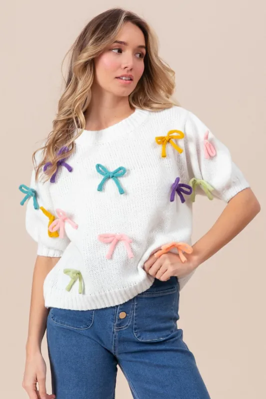 BiBi Bow Detail Puff Sleeve Sweater sold by Charming Charlie