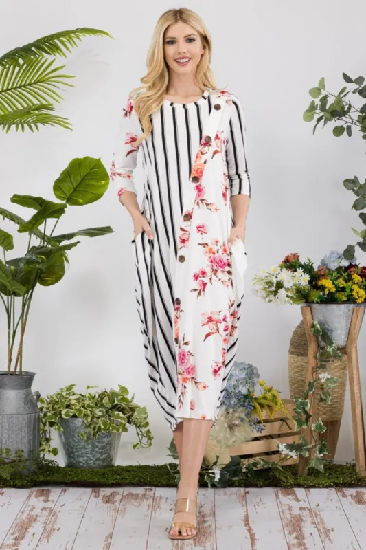 Celeste Full Size Floral Striped Contrast Midi-Dress with Pockets sold by Charming Charlie