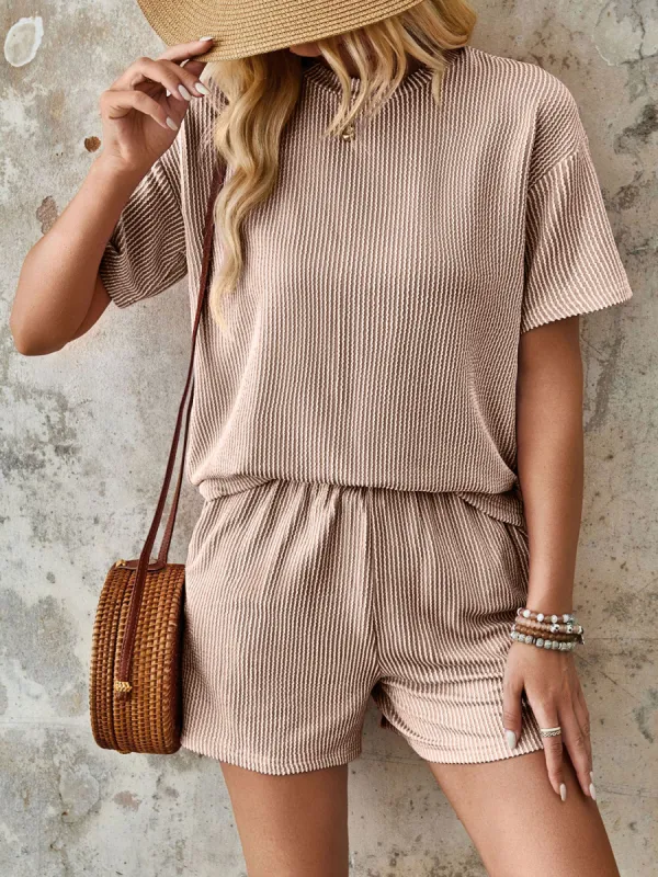 Textured Round Neck Short Sleeve Top and Shorts Set sold by Charming Charlie