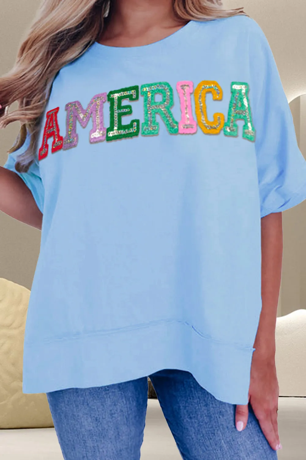 AMERICA Sequin Round Neck Half Sleeve T-Shirt sold by Charming Charlie
