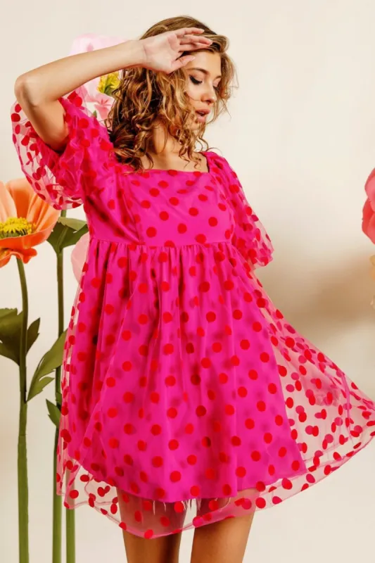 BiBi Polka Dot Mesh Puff Sleeve Dress sold by Charming Charlie