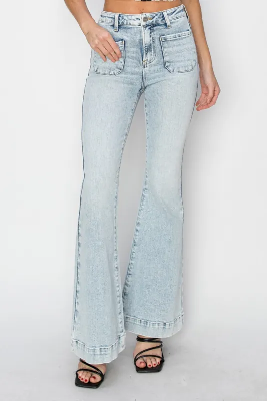 Risen Full Size High Rise Front Patch Pocket Flare Jeans sold by Charming Charlie