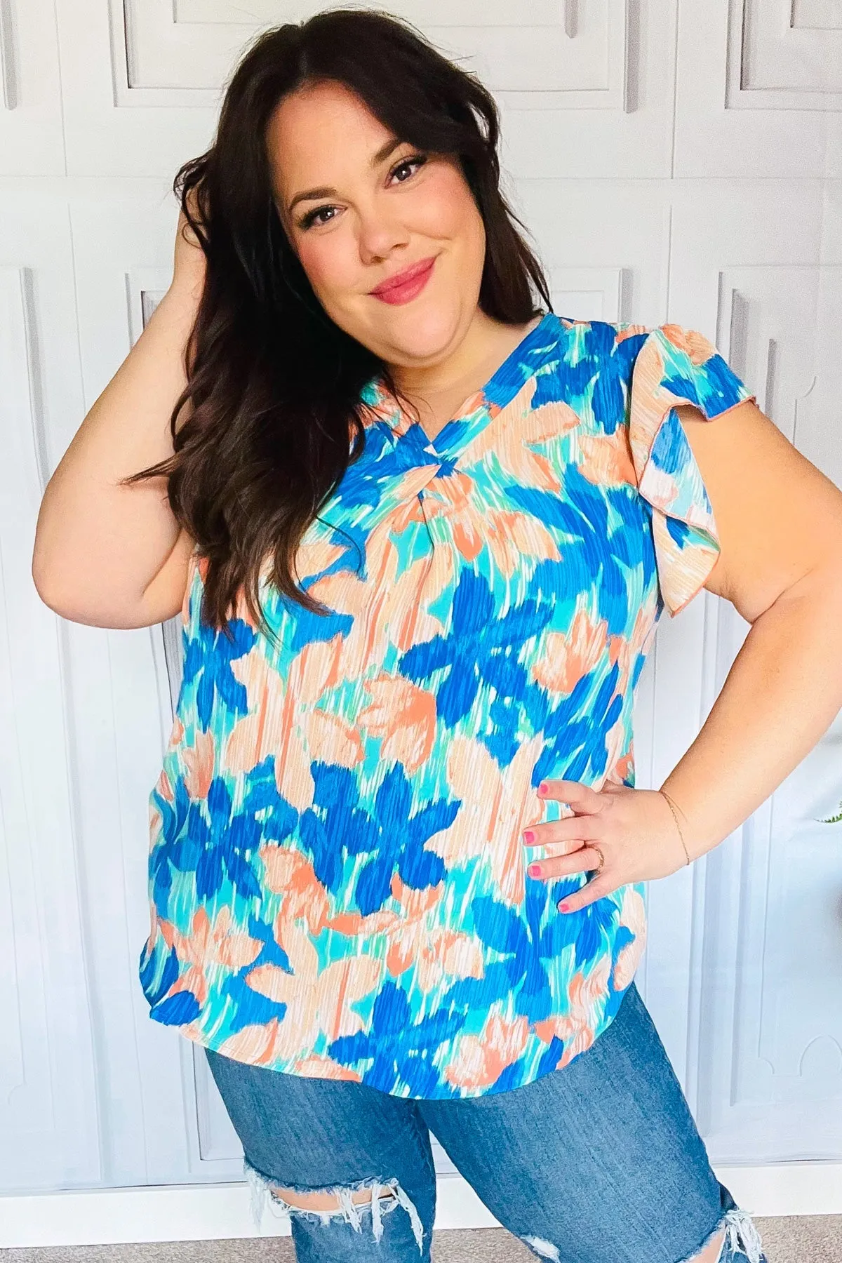 Tropical Breeze Turquoise Floral Banded V Neck Flutter Sleeve Top sold by Charming Charlie product image thumbnail 4