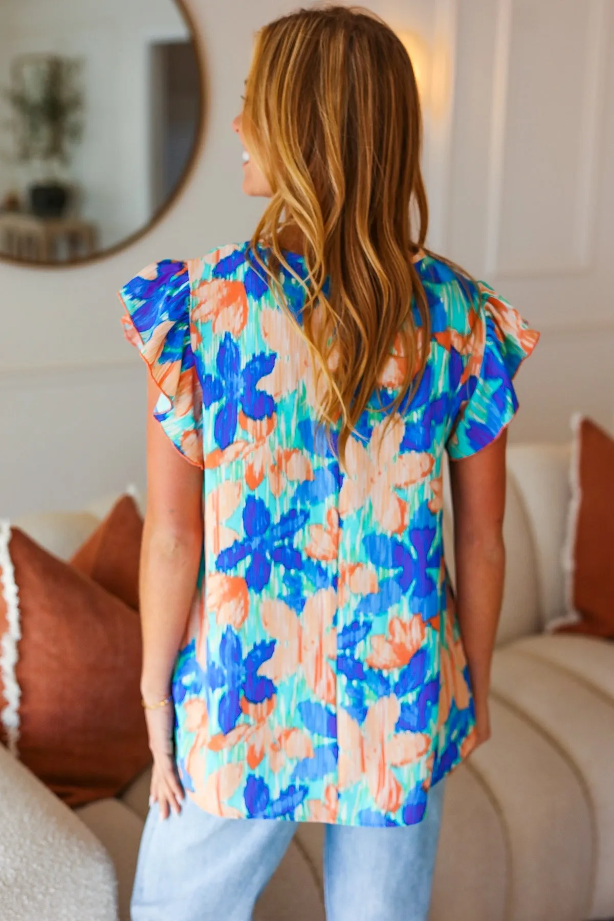Tropical Breeze Turquoise Floral Banded V Neck Flutter Sleeve Top sold by Charming Charlie product image thumbnail 3