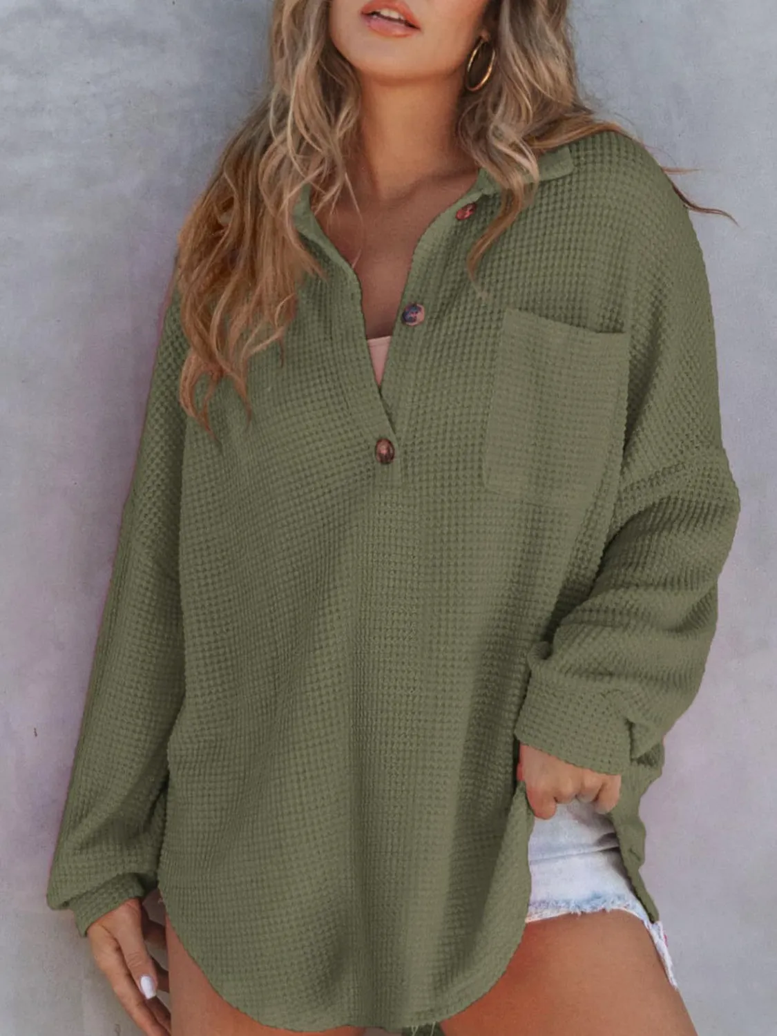 Waffle-Knit Dropped Shoulder Long Sleeve Sweatshirt sold by Charming Charlie product image thumbnail 4