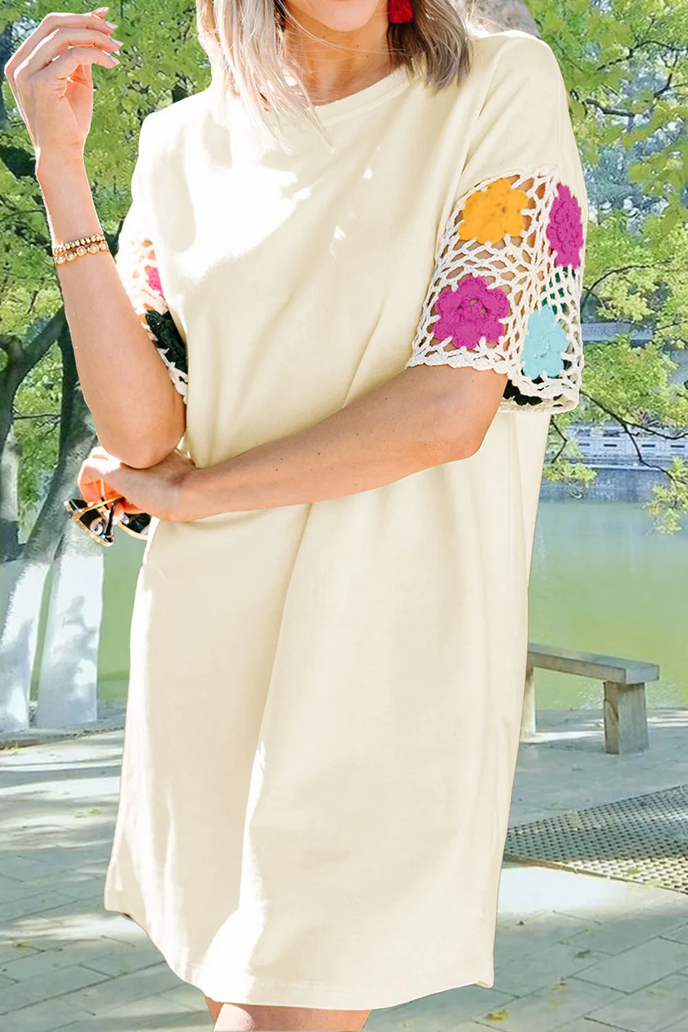 Openwork Crochet Round Neck Half Sleeve Dress sold by Charming Charlie product image thumbnail 2