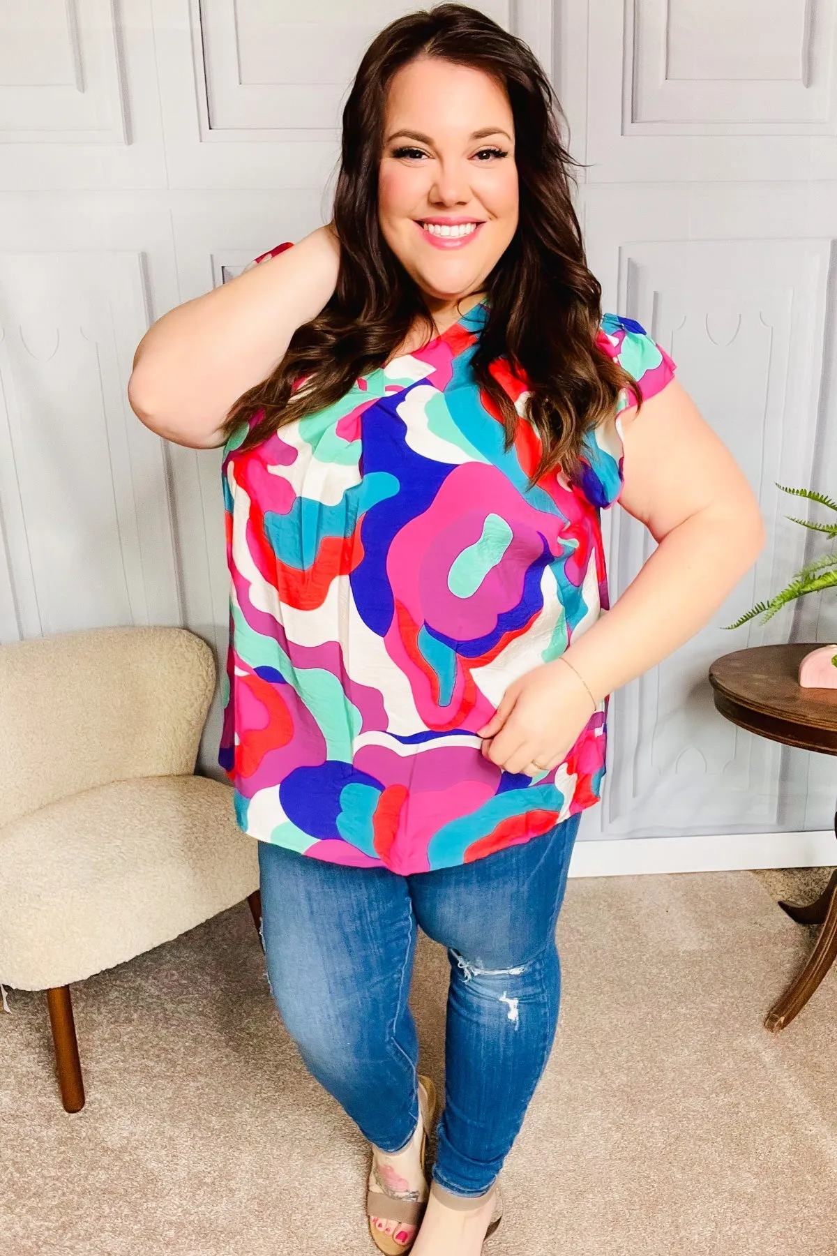 Find Yourself Fuchsia Geo Abstract V Neck Flutter Sleeve Top sold by Charming Charlie product image thumbnail 2
