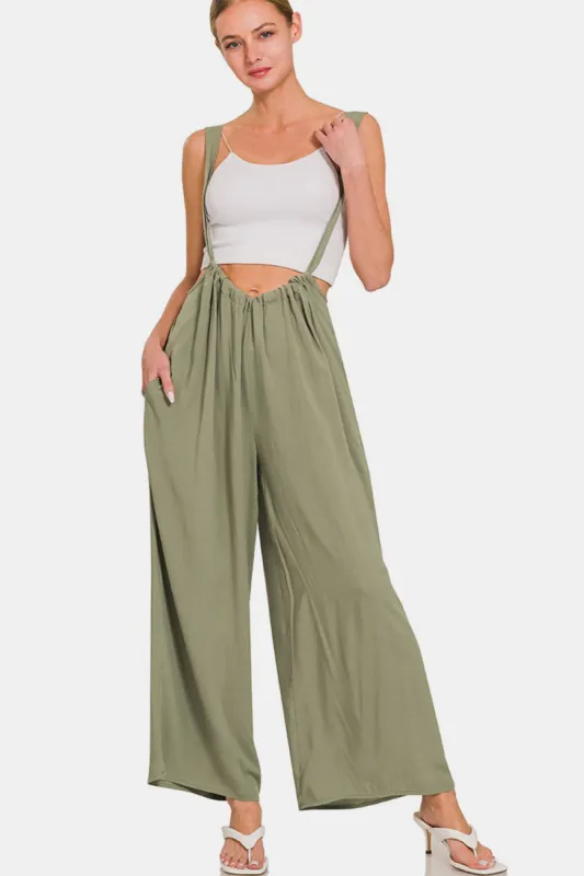 Zenana Pocketed Wide Strap Wide Leg Overalls sold by Charming Charlie