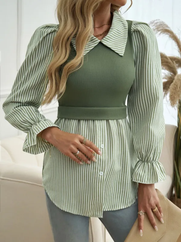 Faux Layered Striped Collared Neck Long Sleeve Shirt sold by Charming Charlie