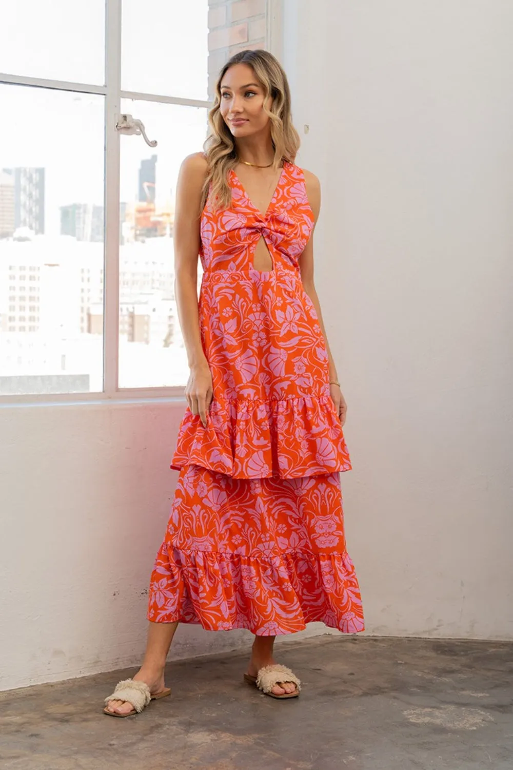 Sew In Love Full Size Floral Ruffled Maxi Sleeveless Dress sold by Charming Charlie