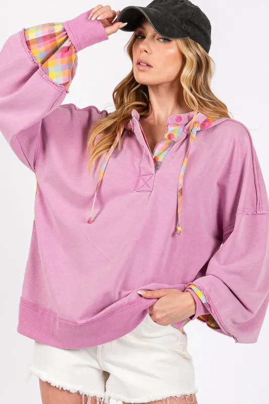 SAGE + FIG Full Size Plaid Print Washed Hoodie sold by Charming Charlie