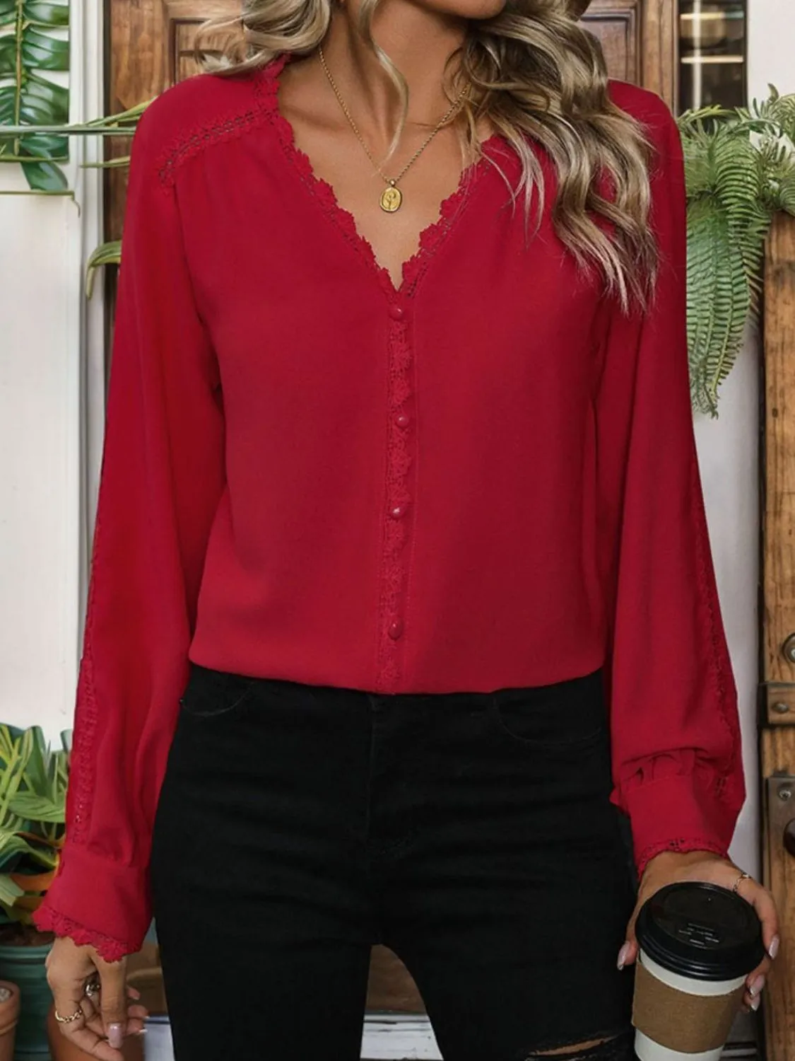 Lace Detail V-Neck Long Sleeve Blouse sold by Charming Charlie product image thumbnail 3