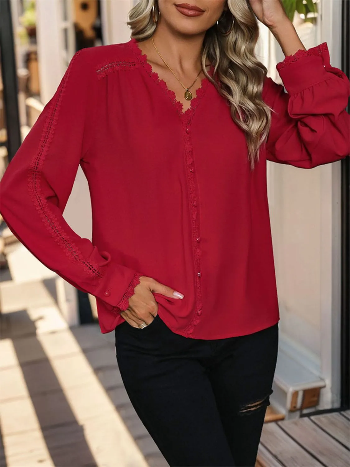 Lace Detail V-Neck Long Sleeve Blouse sold by Charming Charlie