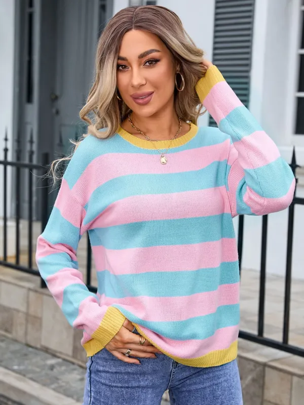 Striped Round Neck Dropped Shoulder Sweater sold by Charming Charlie