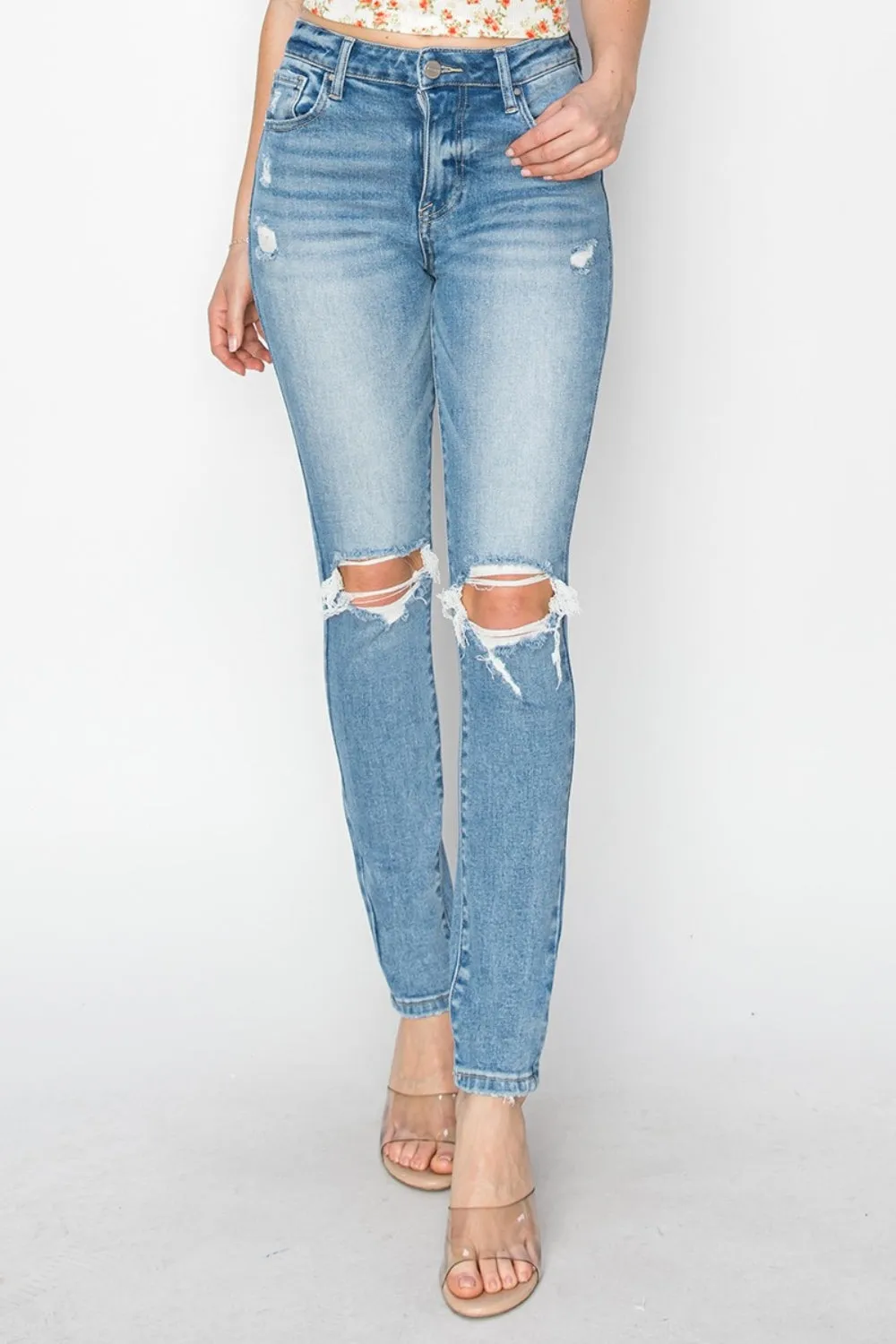 Risen Full Size High Rise Knee Distressed Skinny Jeans sold by Charming Charlie