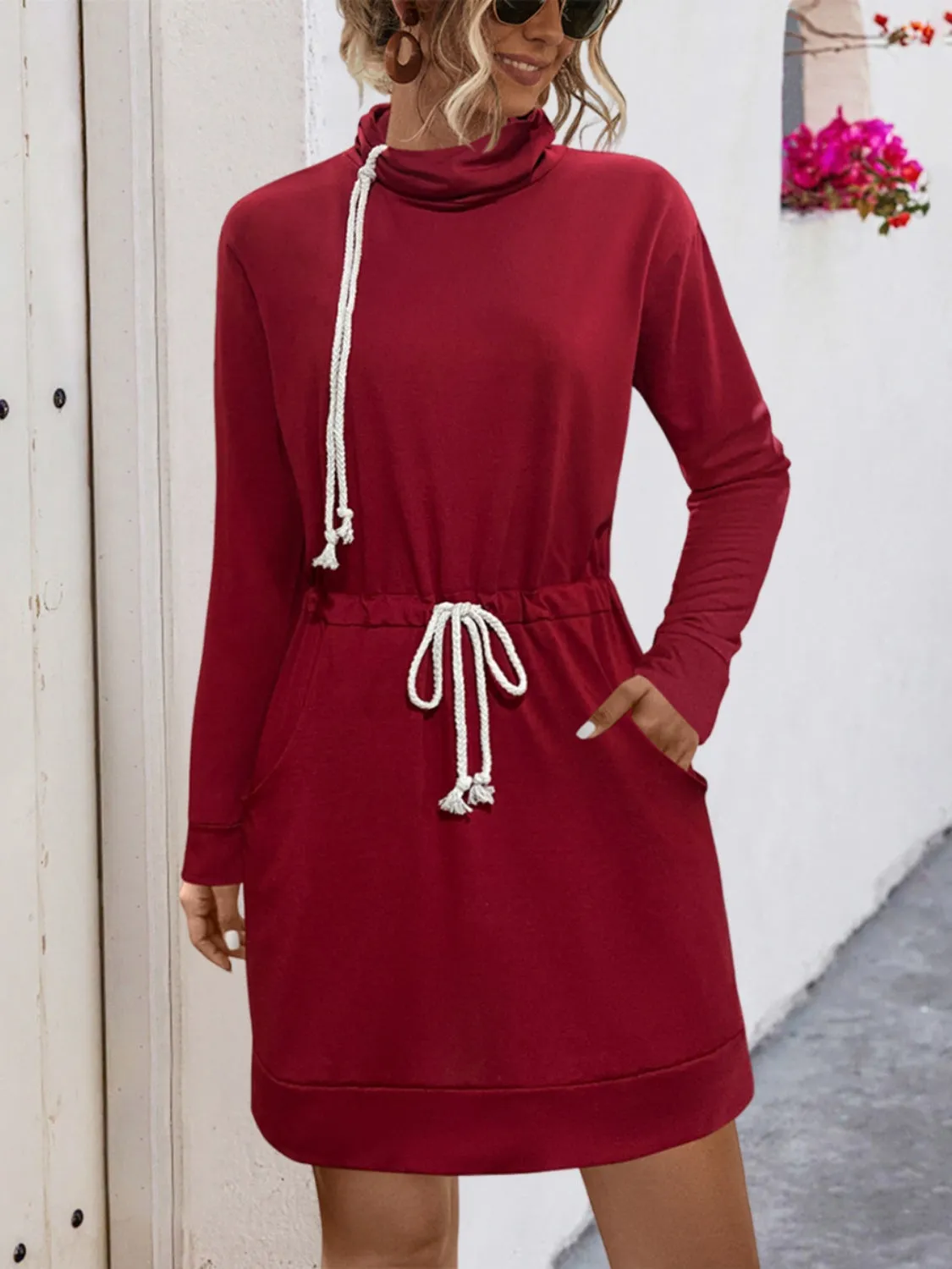 Drawstring Turtleneck Long Sleeve Mini Dress sold by Charming Charlie