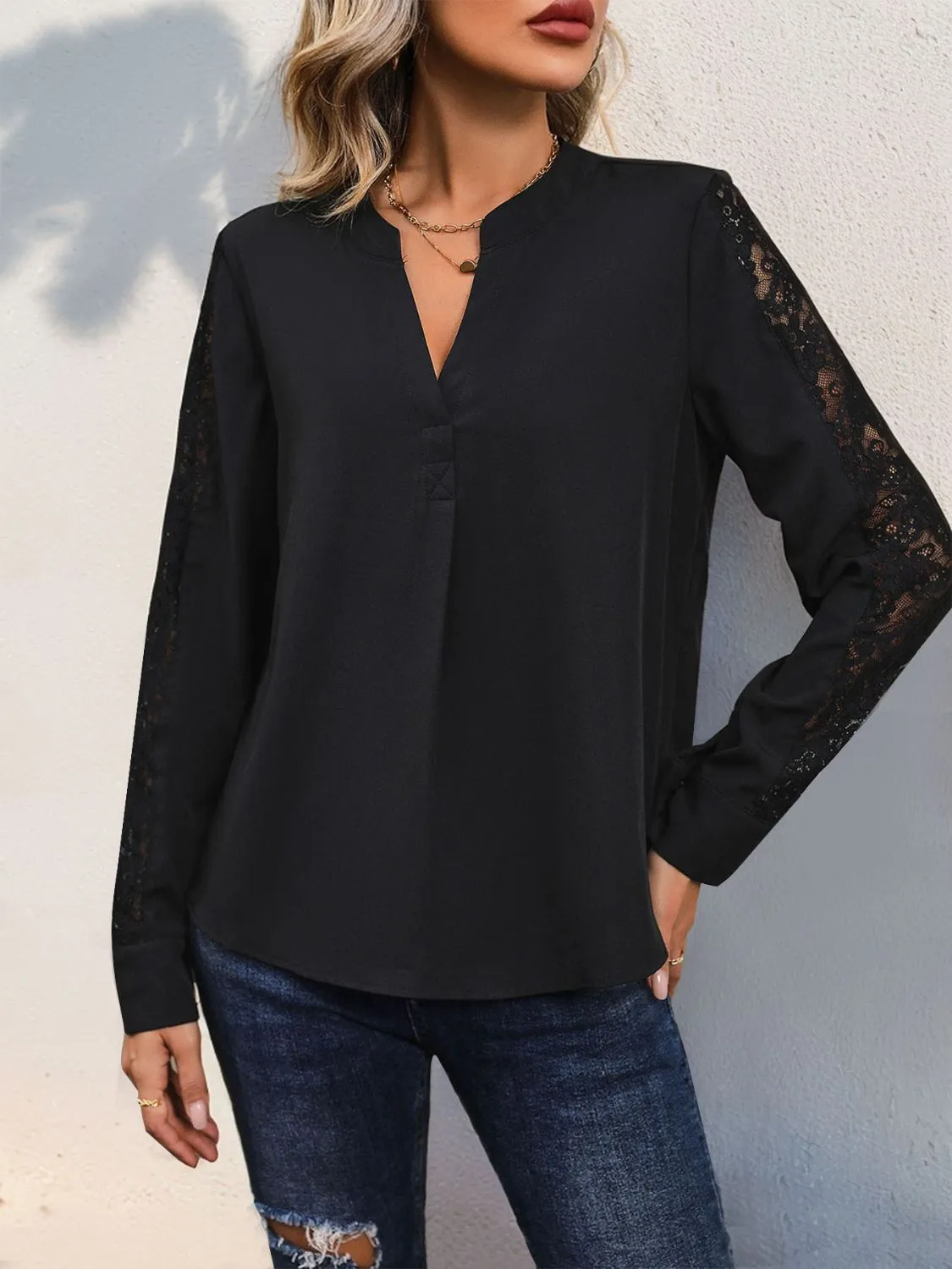 Notched Lace Long Sleeve Blouse sold by Charming Charlie product image thumbnail 3