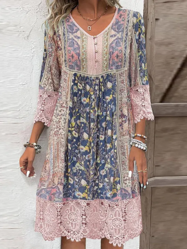 Full Size Lace Detail Printed Three-Quarter Sleeve Dress sold by Charming Charlie