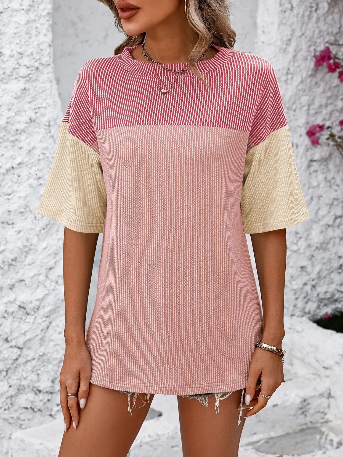 Color Block Round Neck Half Sleeve T-Shirt sold by Charming Charlie product image thumbnail 3