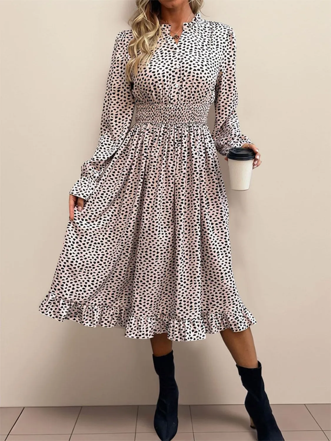 Ruched Ruffled Leopard Long Sleeve Dress sold by Charming Charlie