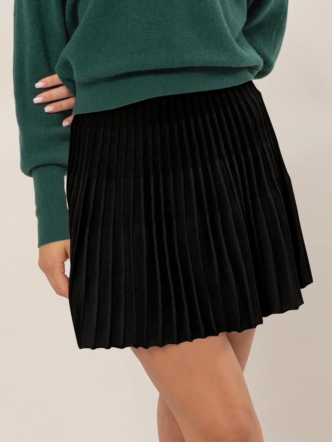 HYFVE High Waist Knit Pleated Flare Mini Skirt sold by Charming Charlie