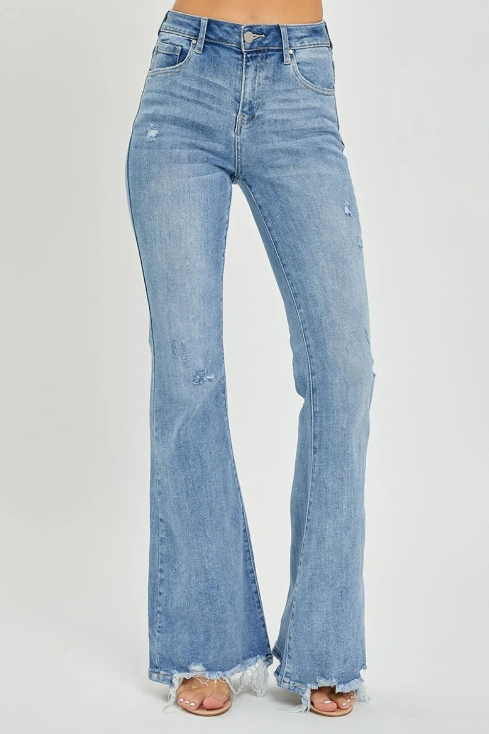 Risen Full Size High Rise Frayed Hem Flare Jeans sold by Charming Charlie