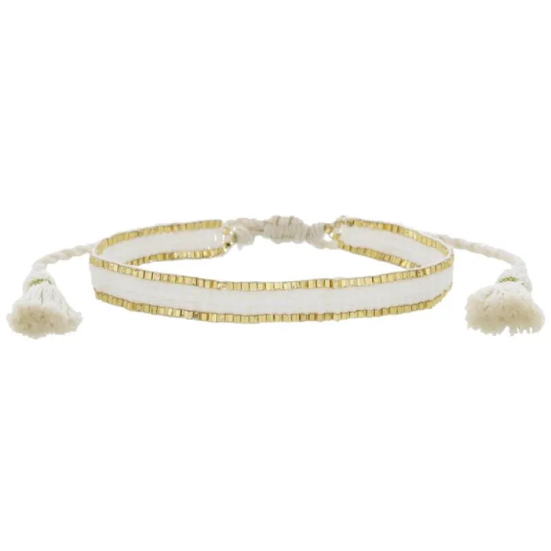 Thin White with Gold Edge Woven Mini Beaded Band Bracelet, .25" Wide sold by Charming Charlie