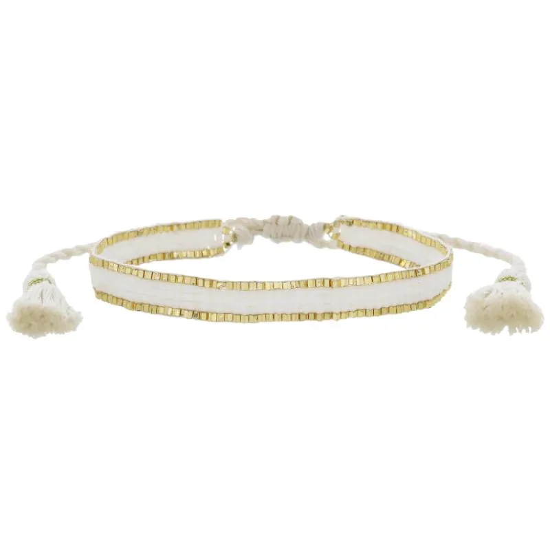 Thin White with Gold Edge Woven Mini Beaded Band Bracelet, .25" Wide sold by Charming Charlie
