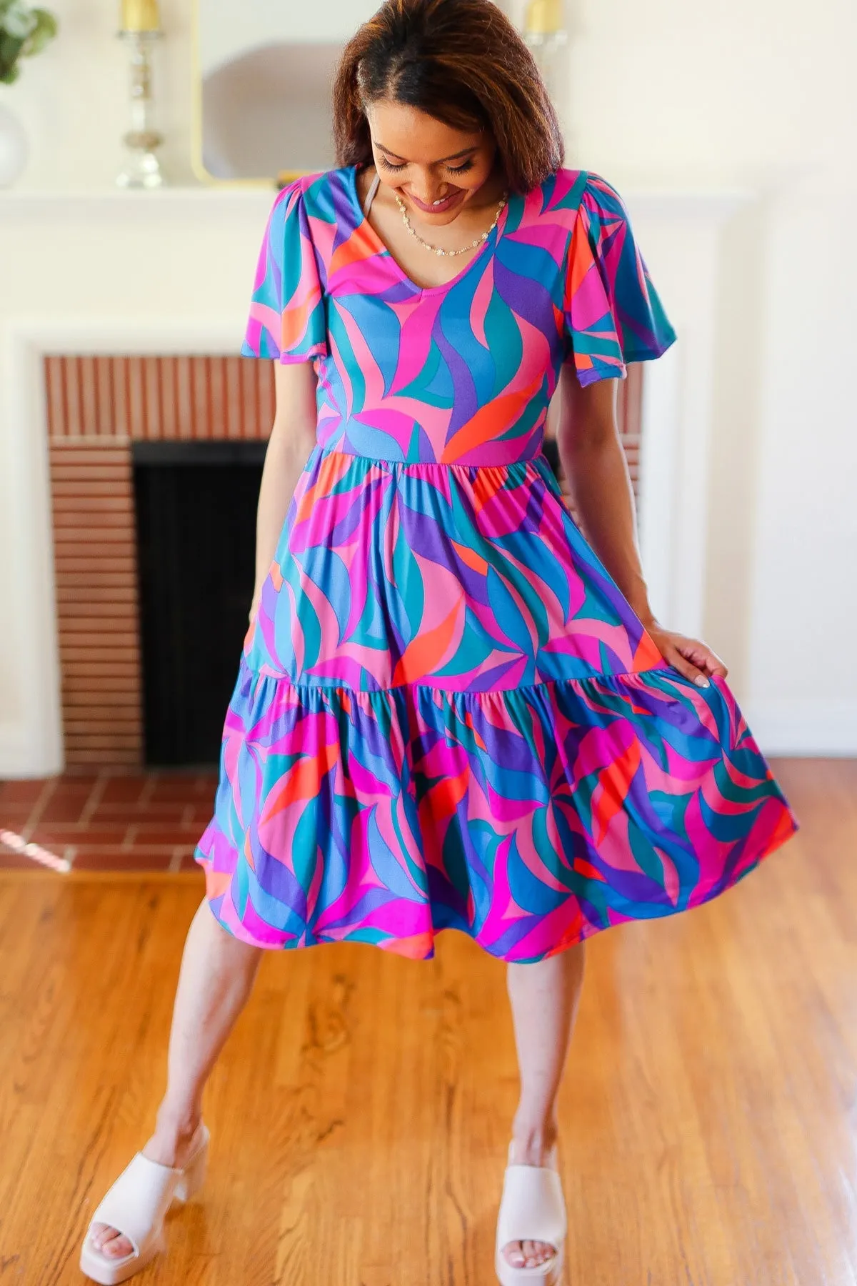 Remember Me Blue & Fuchsia Geo Print V Neck Dress sold by Charming Charlie product image thumbnail 4