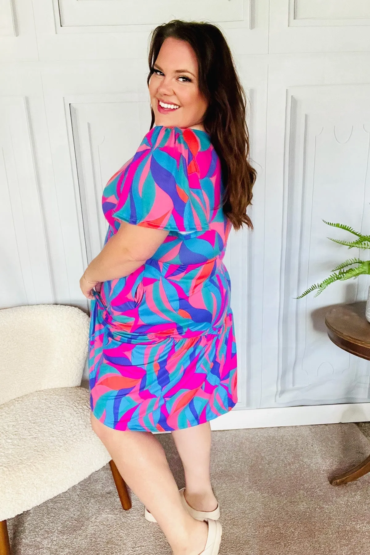 Remember Me Blue & Fuchsia Geo Print V Neck Dress sold by Charming Charlie product image thumbnail 3