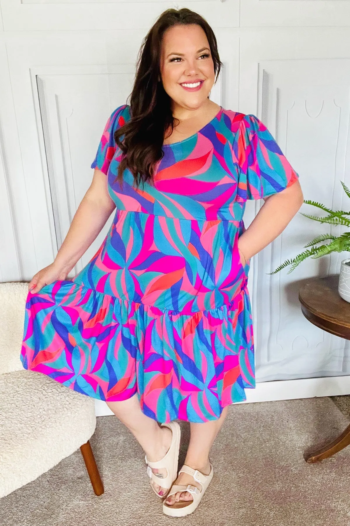 Remember Me Blue & Fuchsia Geo Print V Neck Dress sold by Charming Charlie product image thumbnail 2