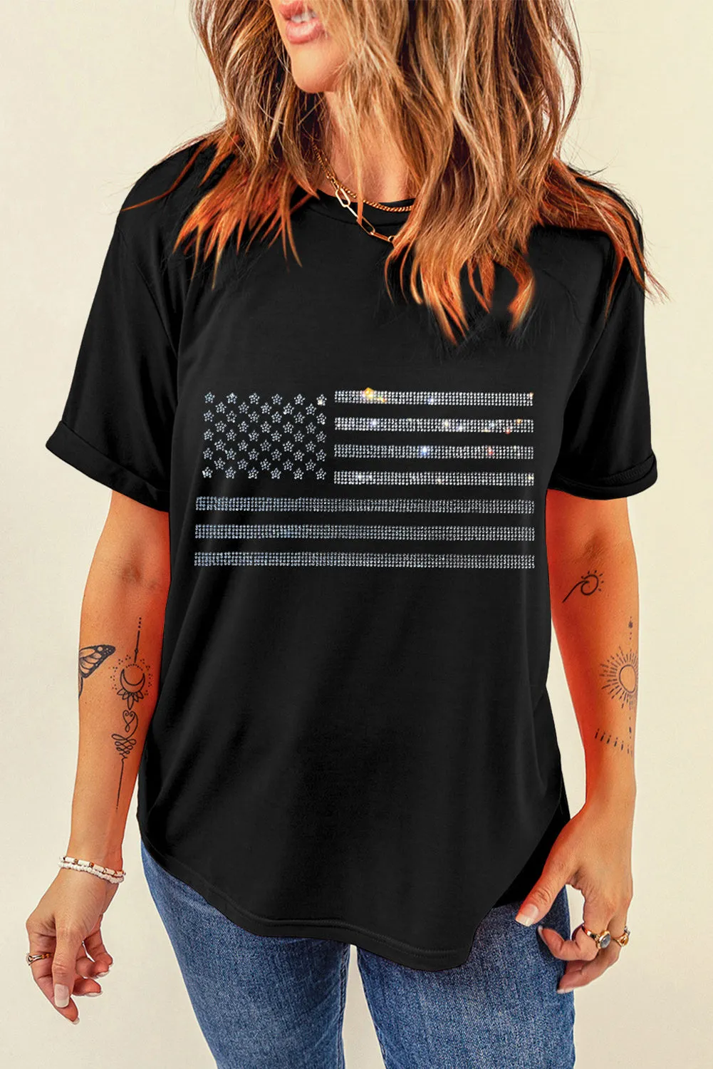 Rhinestone US Flag Round Neck Short Sleeve T-Shirt sold by Charming Charlie
