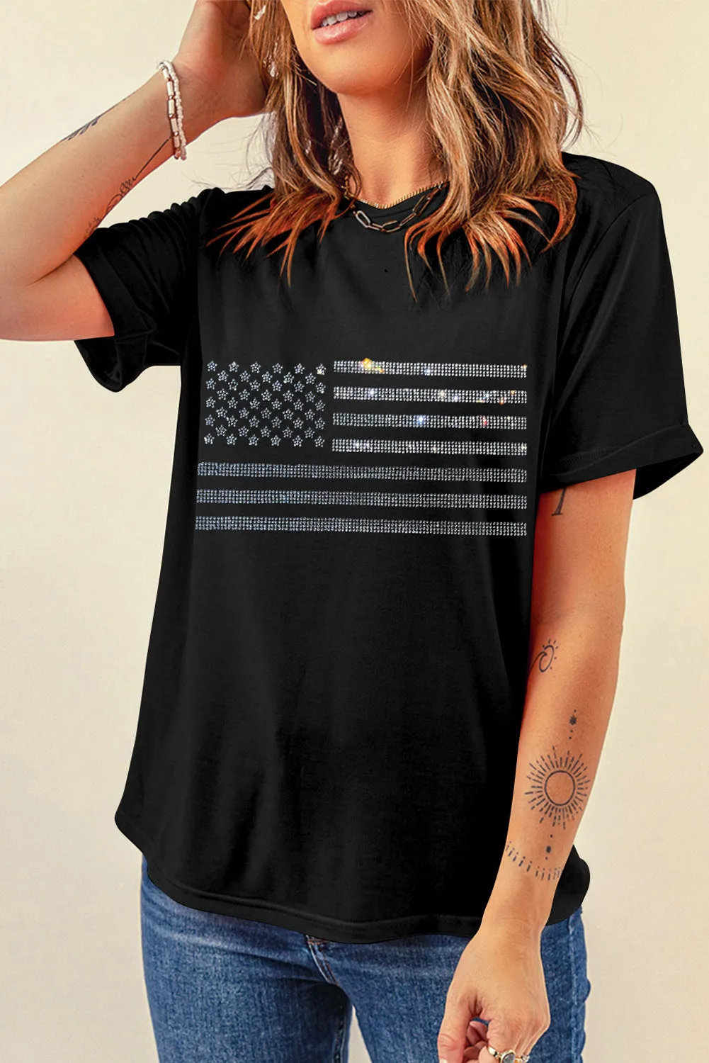 Rhinestone US Flag Round Neck Short Sleeve T-Shirt sold by Charming Charlie product image thumbnail 3