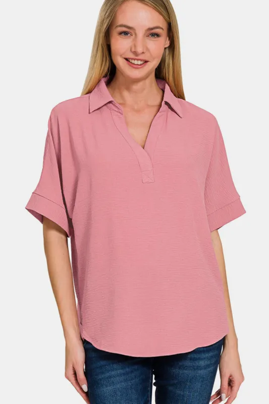 Zenana Texture Collared Neck Short Sleeve Top sold by Charming Charlie