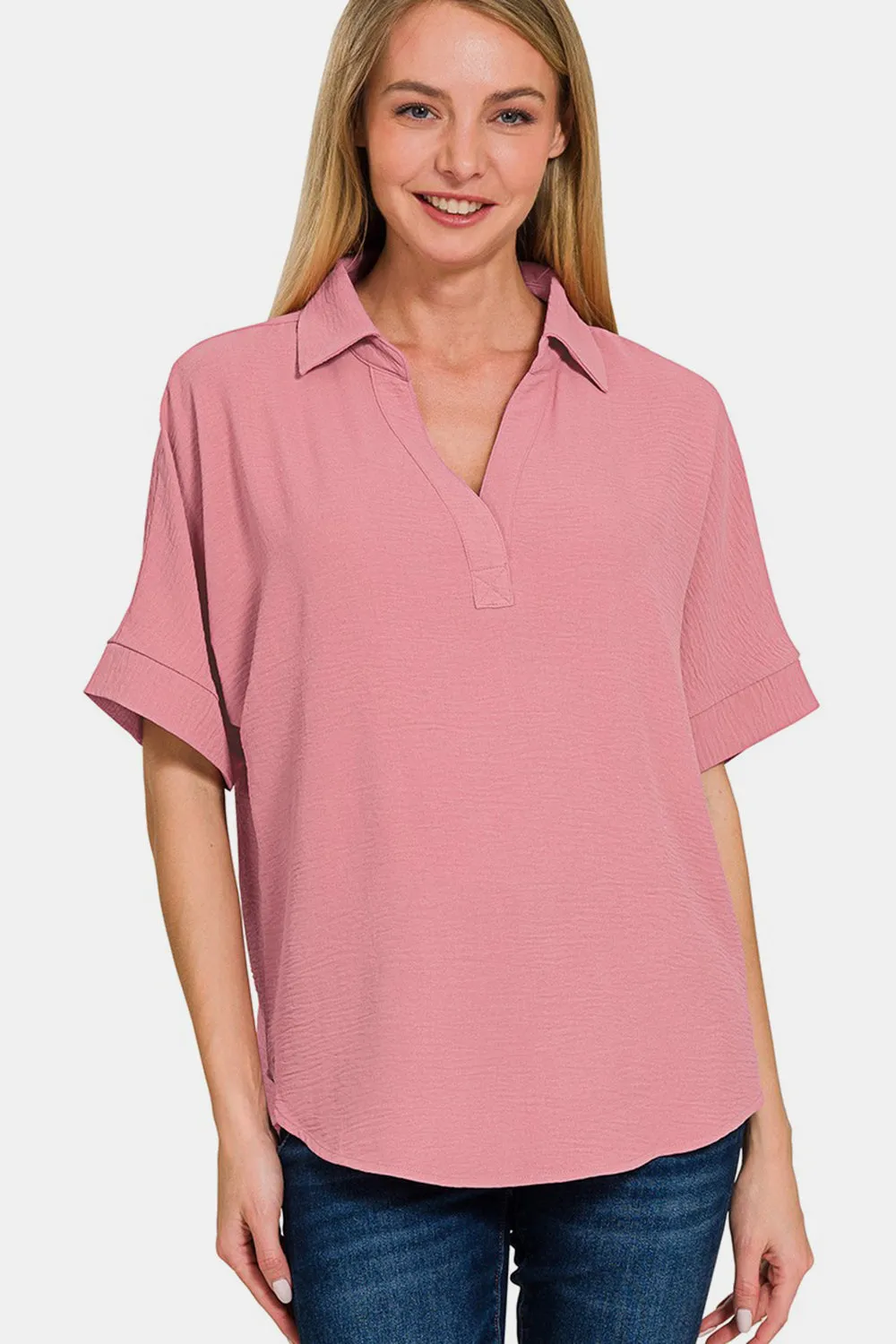 Zenana Texture Collared Neck Short Sleeve Top sold by Charming Charlie