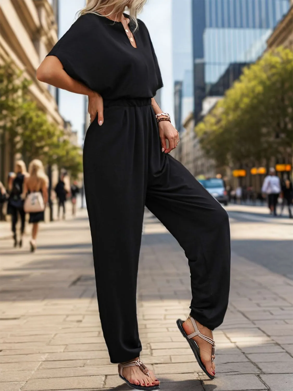 Notched Half Sleeve Straight Jumpsuit sold by Charming Charlie product image thumbnail 4