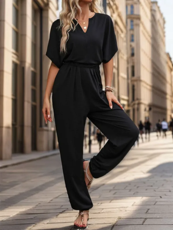 Notched Half Sleeve Straight Jumpsuit sold by Charming Charlie