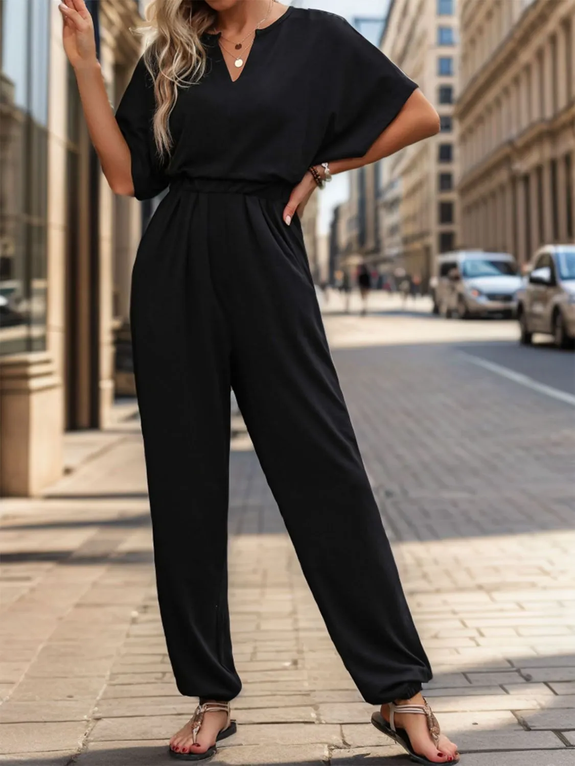 Notched Half Sleeve Straight Jumpsuit sold by Charming Charlie product image thumbnail 5
