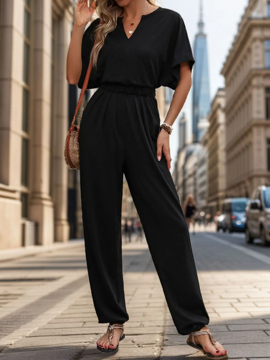 Notched Half Sleeve Straight Jumpsuit sold by Charming Charlie product image thumbnail 3