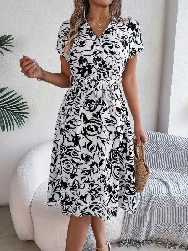 Printed V-Neck Short Sleeve Dress sold by Charming Charlie