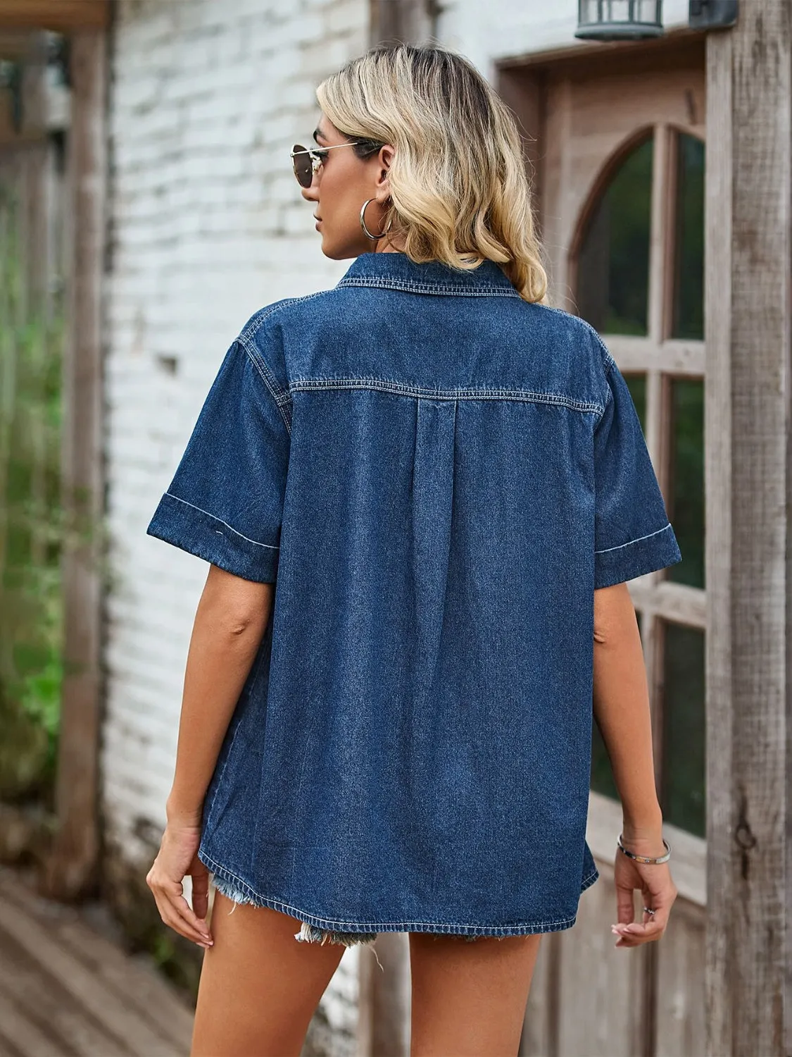 Pocketed Button Up Short Sleeve Denim Shirt sold by Charming Charlie product image thumbnail 2